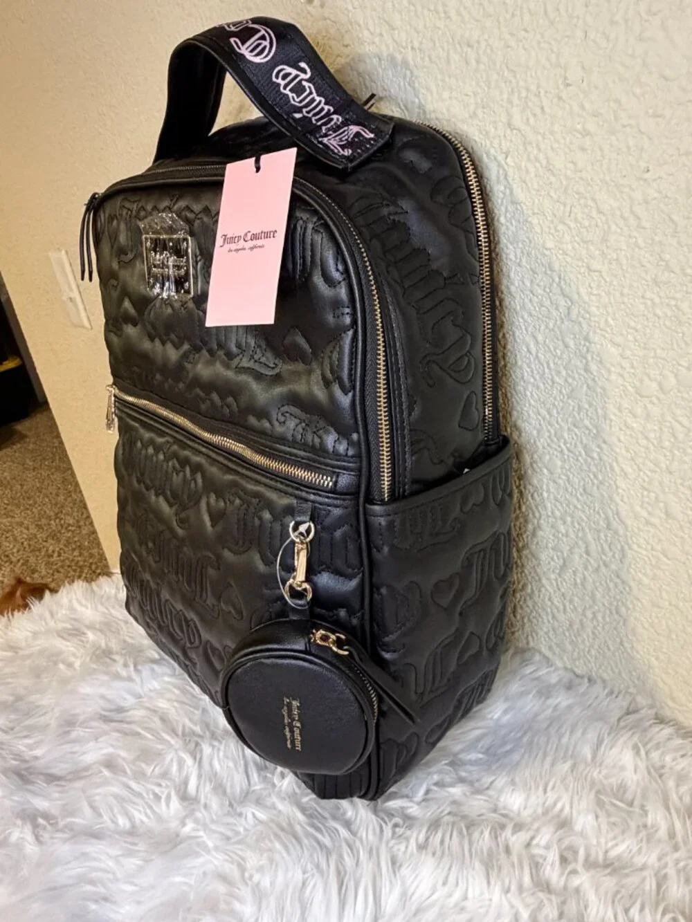 Juicy Couture Puffed Up Full Size Backpack Liquorice Black Logo Coin Purse NWT